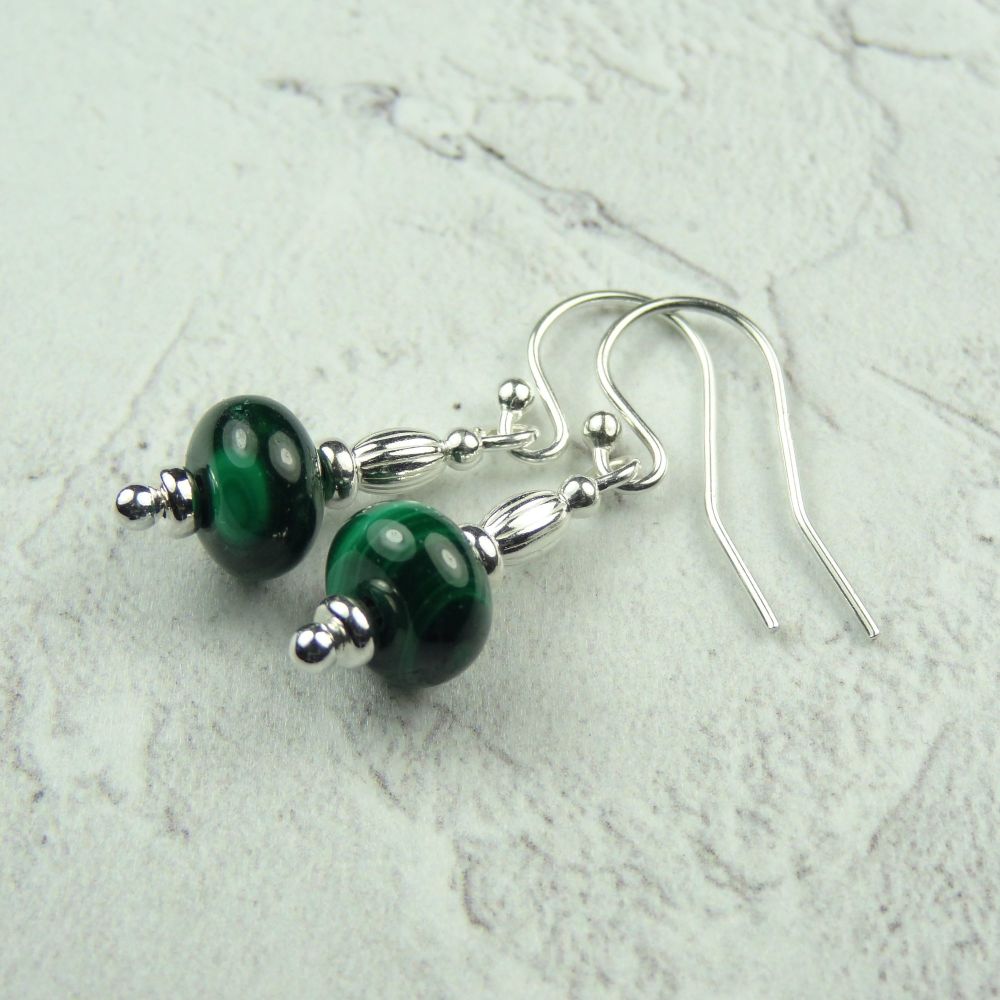 Sterling silver green Malachite rondelle semi-precious stone drop earrings