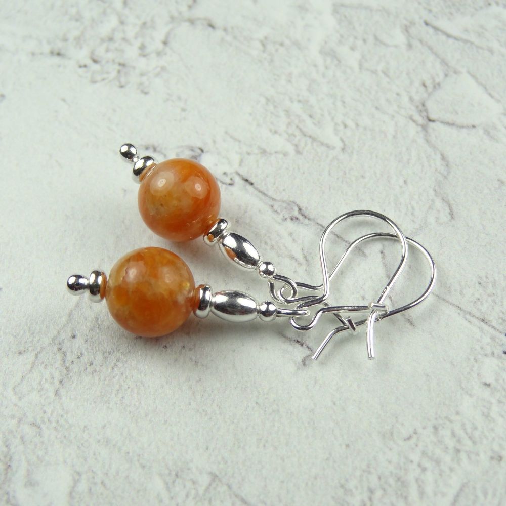 Sterling silver & orange Calcite semi-precious stone drop earrings, in a gift box