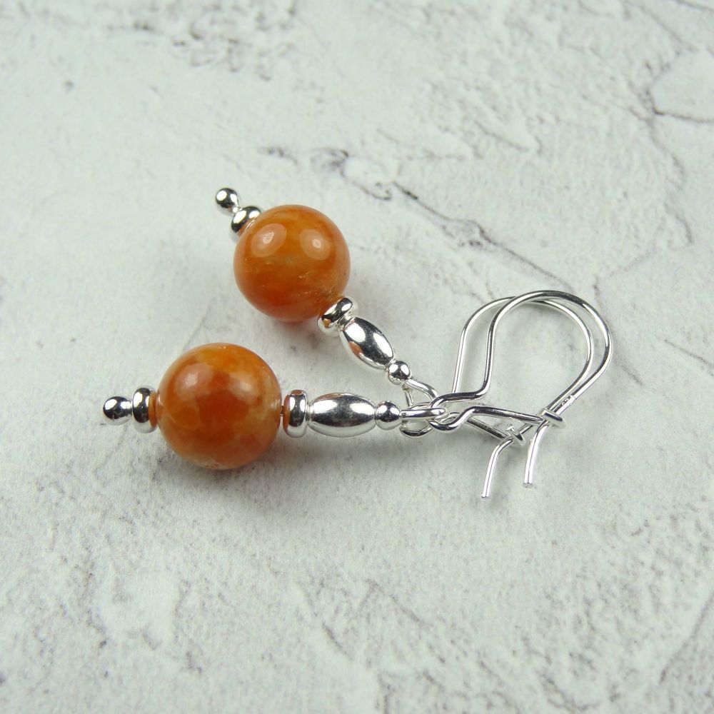 Sterling silver & orange Calcite semi-precious stone drop earrings, in a gift box