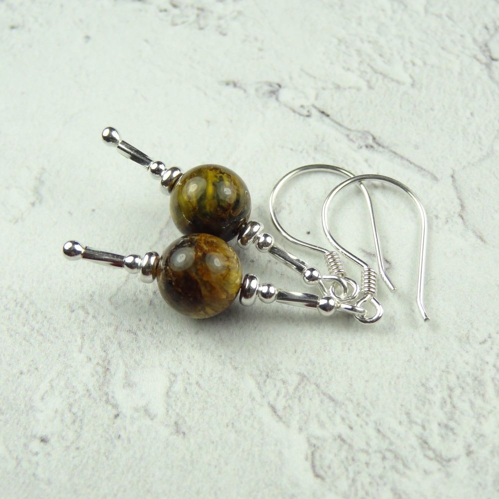 Sterling silver & golden brown Pietersite semi-precious stone drop earrings