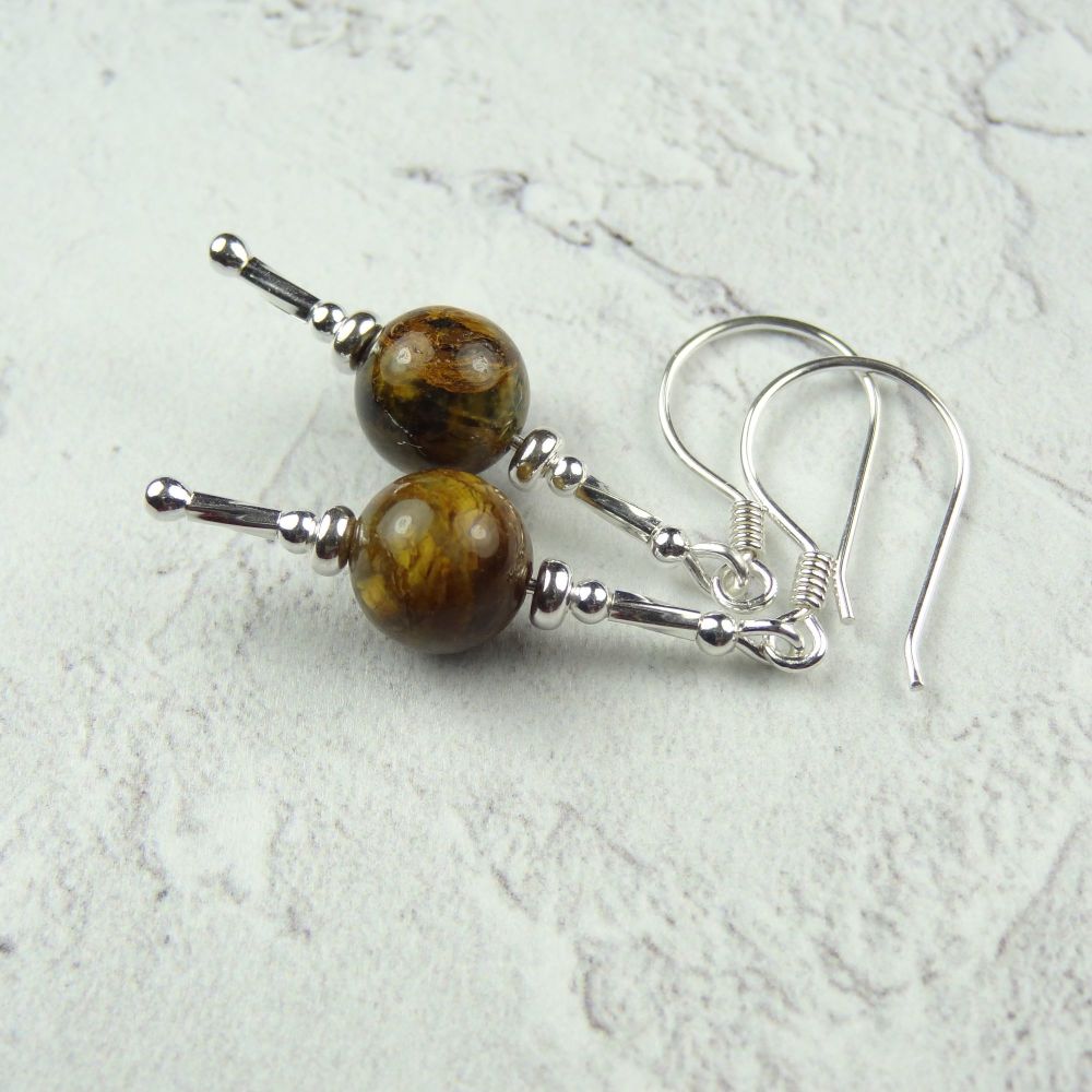 Sterling silver & golden brown Pietersite semi-precious stone drop earrings, in a gift box