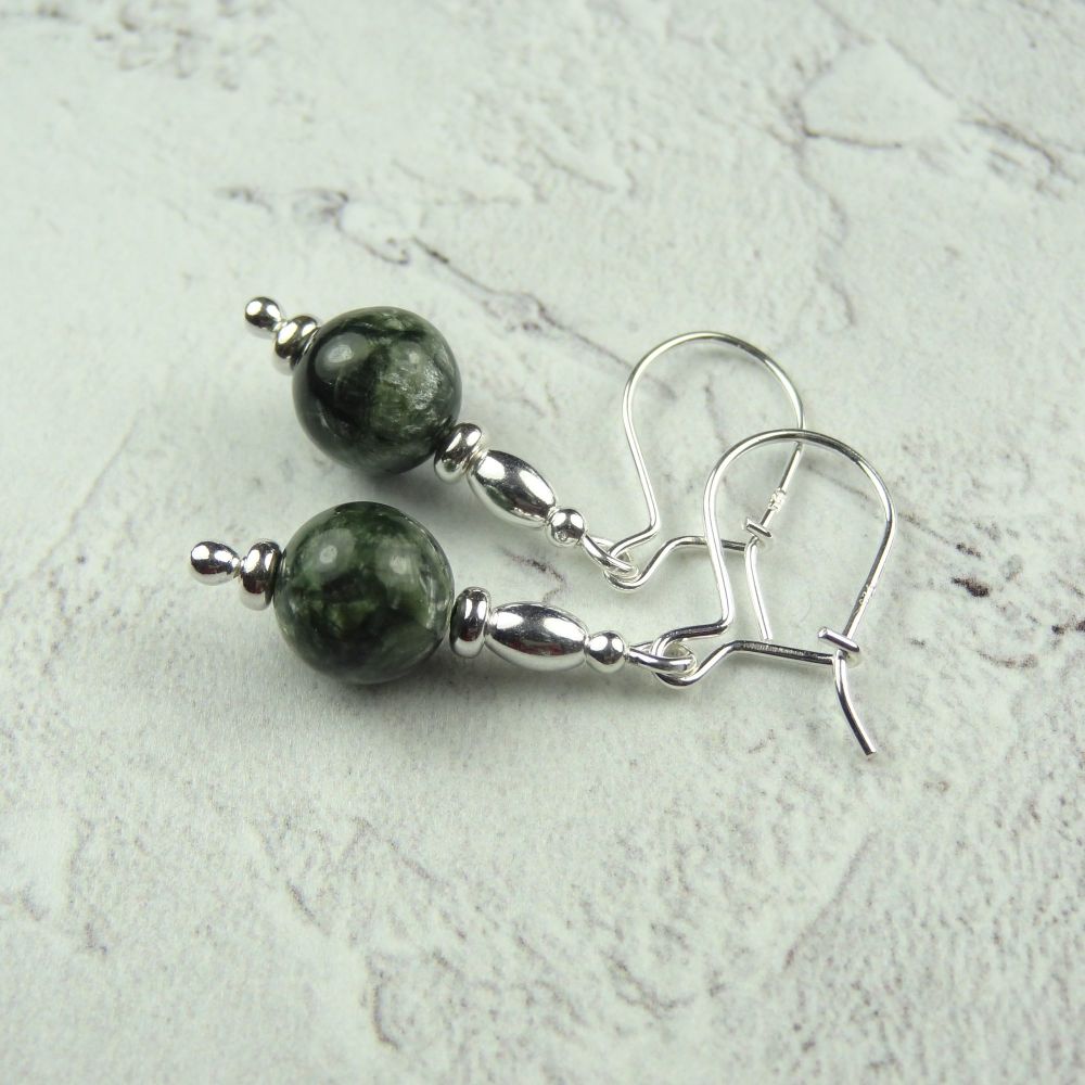 Sterling silver & green Seraphinite semi-precious stone drop earrings, in a gift box