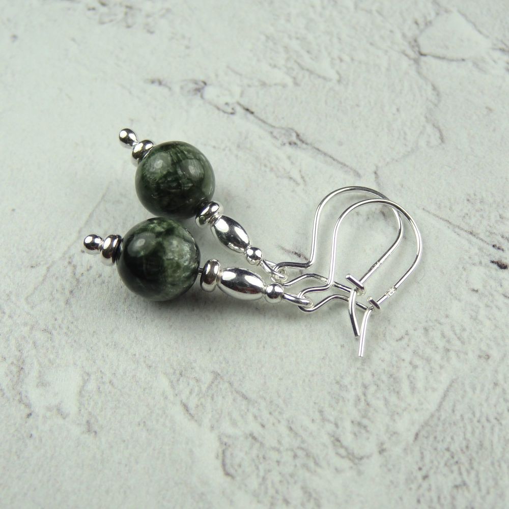 Sterling silver & green Seraphinite semi-precious stone drop earrings, in a gift box