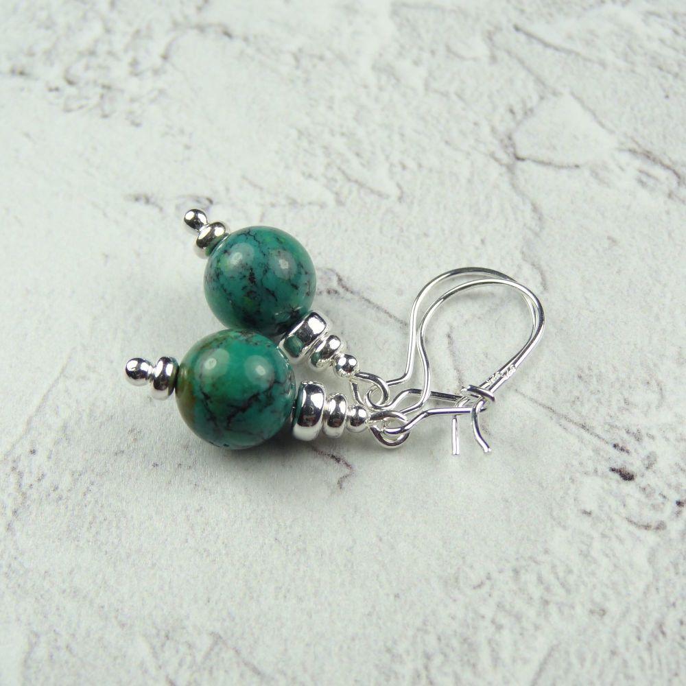 Sterling silver & Turquoise (stabilised) semi-precious stone drop earrings, in a gift box (discs)