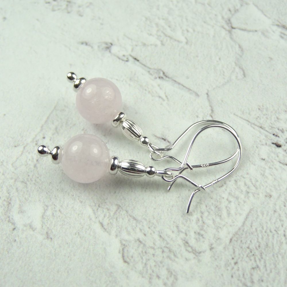 Sterling silver & pink Morganite semi-precious stone drop earrings, in a gift box