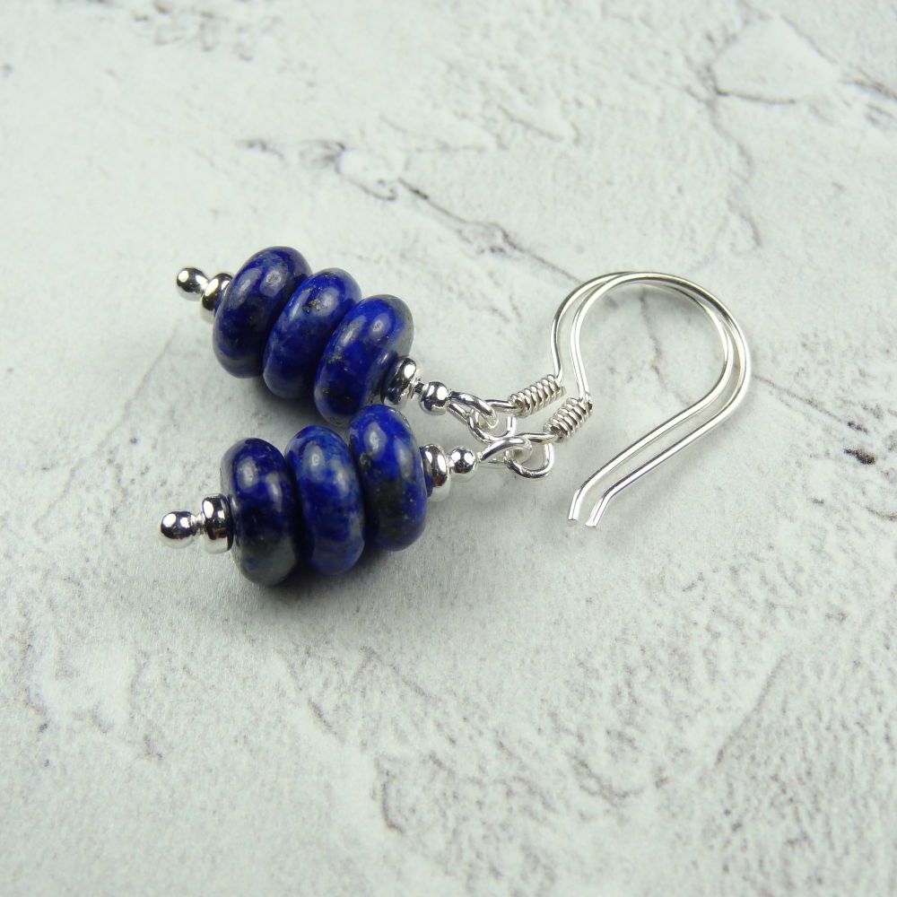 Sterling silver & Lapis Lazuli rondelle semi-precious stone earrings, in a gift box