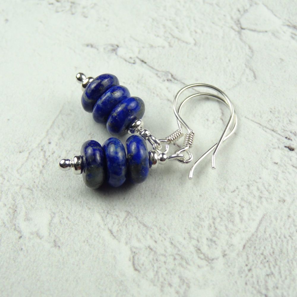 Sterling silver & Lapis Lazuli rondelle semi-precious stone earrings, in a gift box