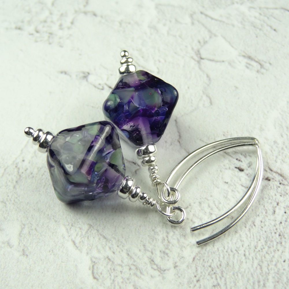 Purple and green handcrafted artisan lampwork glass & sterling silver drop earrings on 'V' wires ~ length 52mm (LH#4)