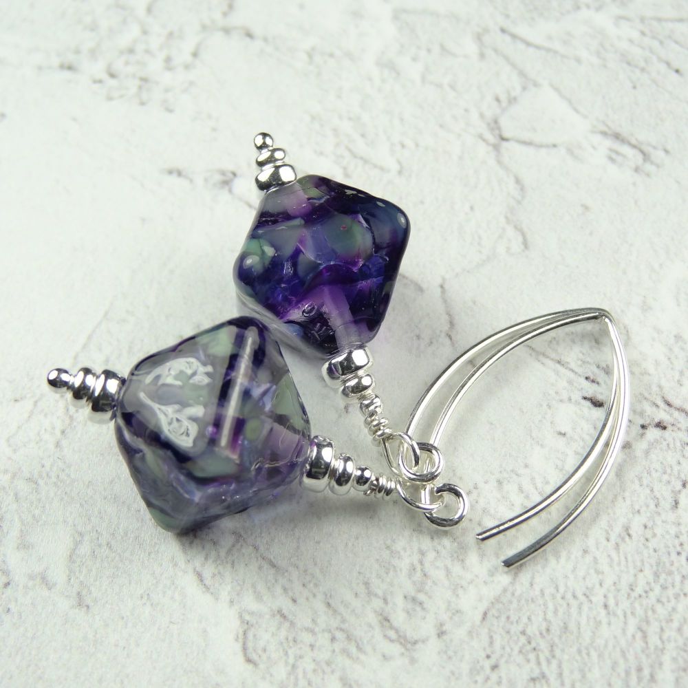 Purple and green handcrafted artisan lampwork glass & sterling silver drop earrings on 'V' wires ~ length 52mm (LH#4)