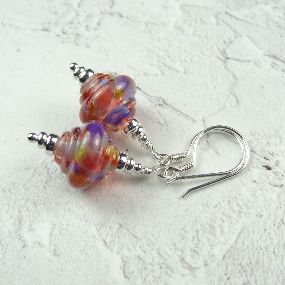 Multi-coloured handcrafted artisan lampwork glass & sterling silver drop earrings ~ length 44mm (LH#8)