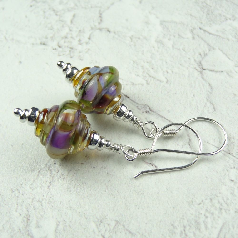 Green and purple handcrafted artisan lampwork glass & sterling silver drop earrings ~ length 44mm (LH#12)