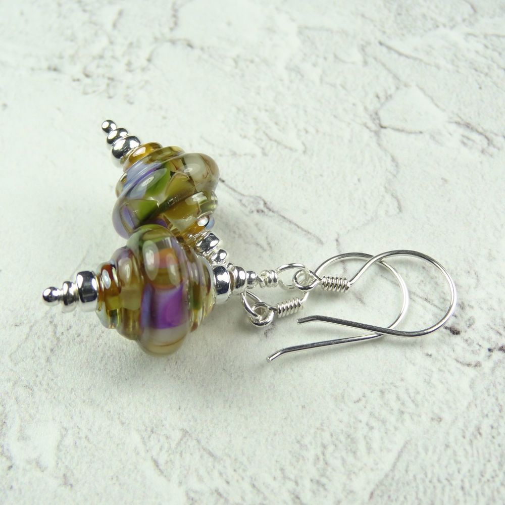 Green and purple handcrafted artisan lampwork glass & sterling silver drop earrings ~ length 44mm (LH#12)