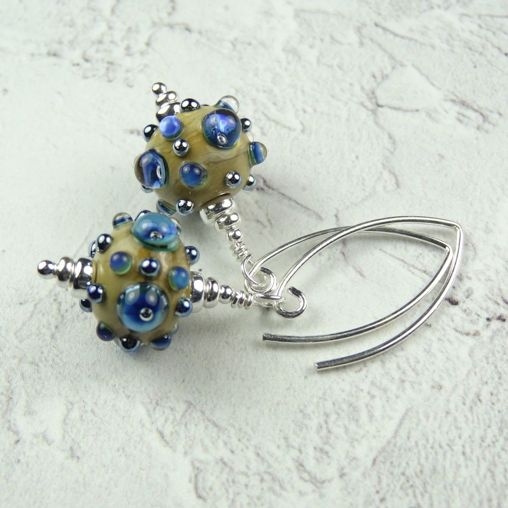 Blue and beige bobble handcrafted artisan lampwork glass & sterling silver drop earrings on 'V' wires ~ length 48mm (LH#10)