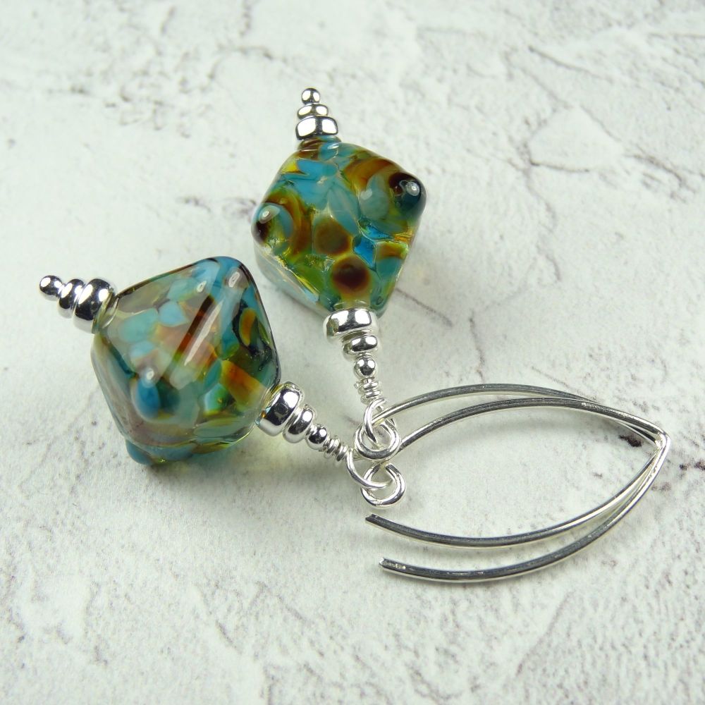 Turquoise & golden handcrafted artisan lampwork glass & sterling silver drop earrings on 'V' wires ~ length 52mm (LH#3)