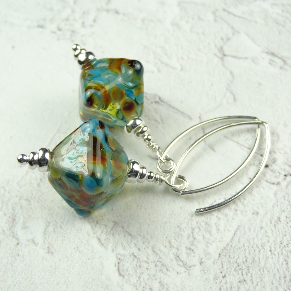 Turquoise & golden handcrafted artisan lampwork glass & sterling silver drop earrings on 'V' wires ~ length 52mm (LH#3)