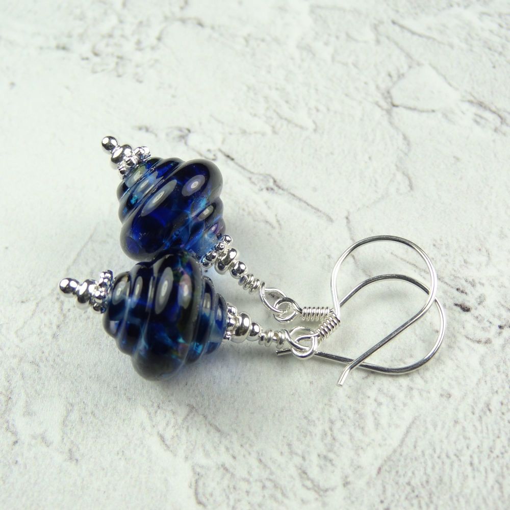 Dark blue handcrafted artisan lampwork glass & sterling silver drop earring