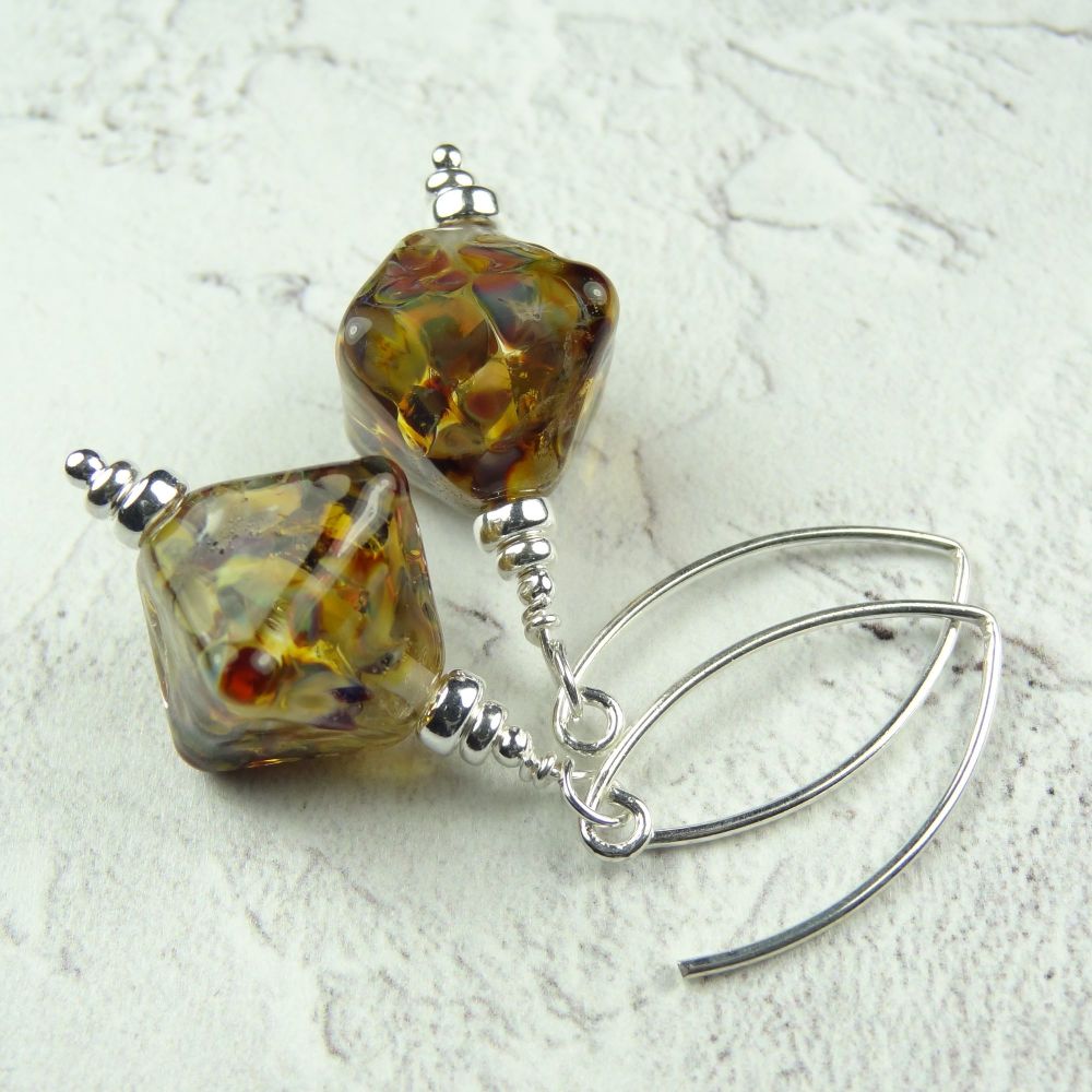 Multi-coloured handcrafted artisan lampwork glass & sterling silver drop earrings on 'V' wires ~ length 53mm (LH#1)
