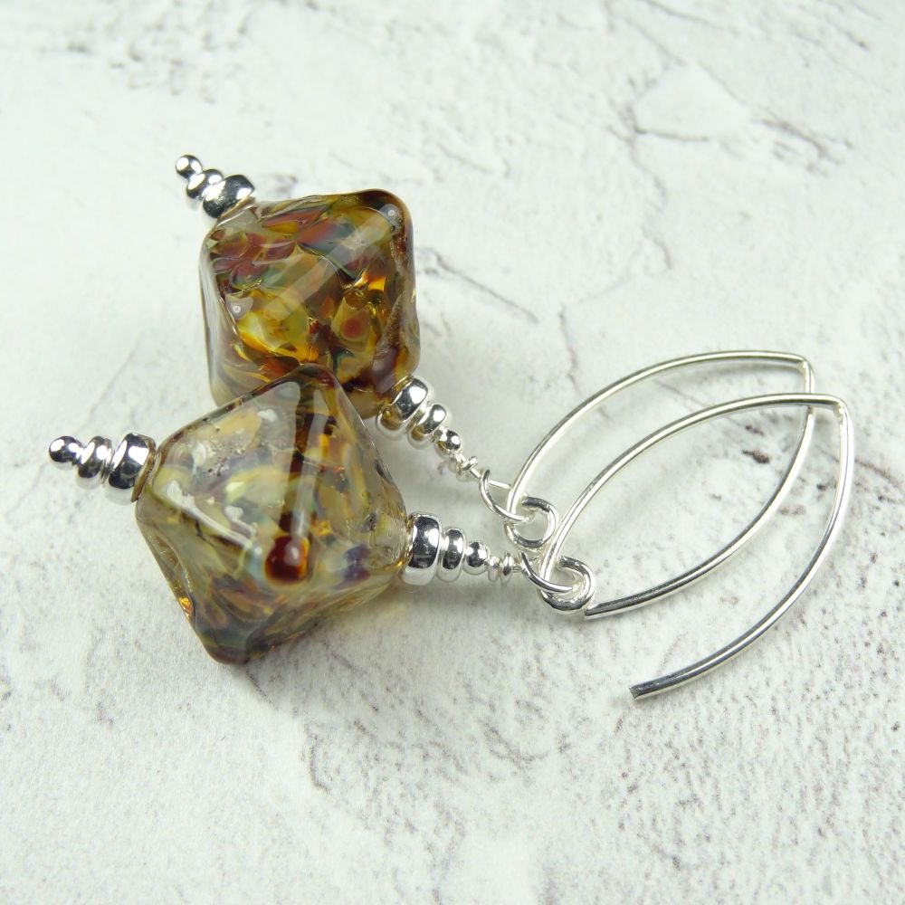 Multi-coloured handcrafted artisan lampwork glass & sterling silver drop earrings on 'V' wires ~ length 53mm (LH#1)