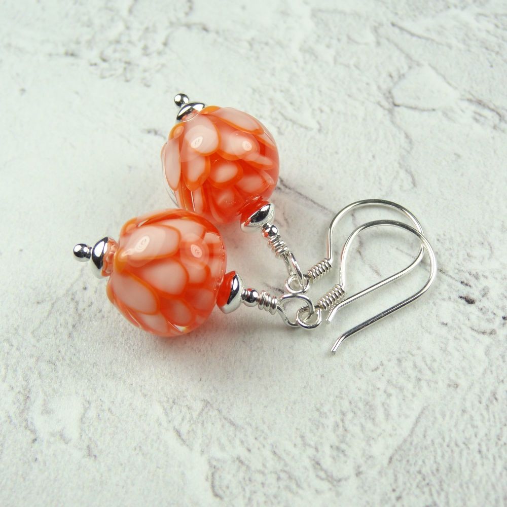 Orange & pale pink flower handcrafted artisan lampwork glass & sterling silver drop earrings ~ length 42mm (LH#2)