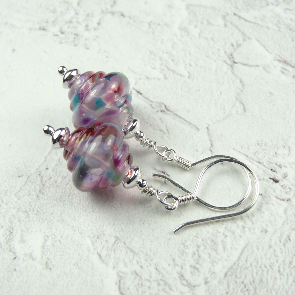 Pink and blue handcrafted artisan lampwork glass & sterling silver drop earrings ~ length 42mm (LH#7)