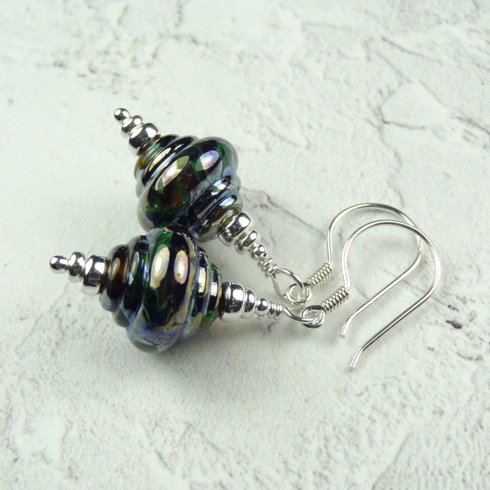 Metallic green purple blue handcrafted artisan lampwork glass & sterling silver drop earrings ~ length 45mm (LH#6)