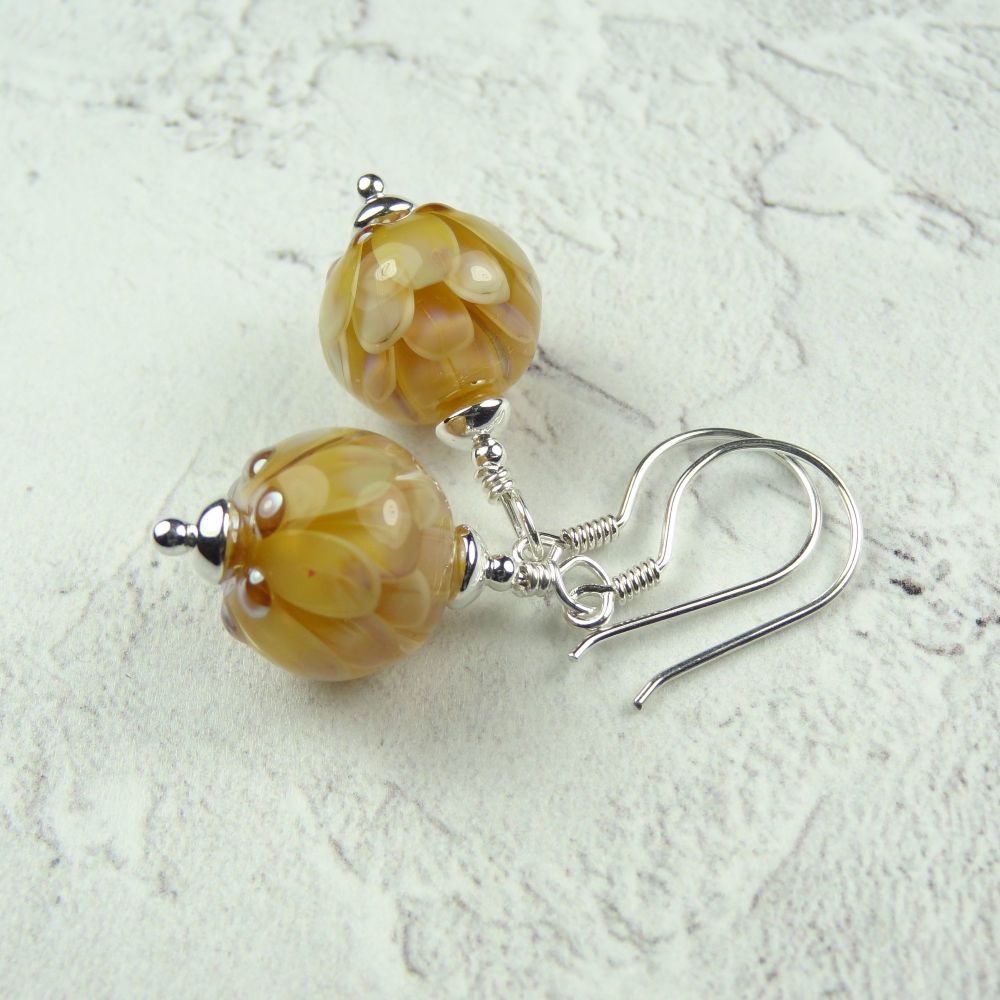 Yellow flower handcrafted artisan lampwork glass & sterling silver drop earrings ~ length 41mm (LH#11)
