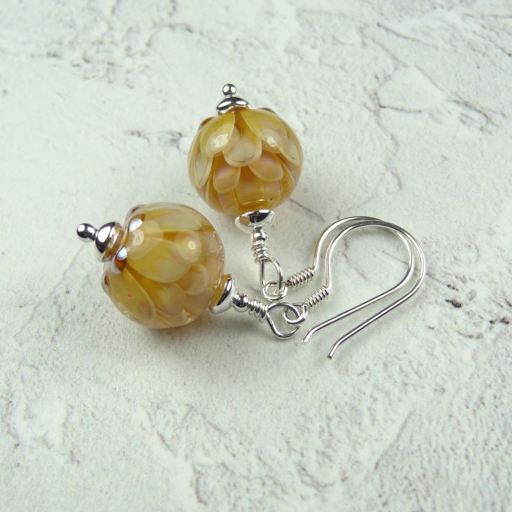 Yellow flower handcrafted artisan lampwork glass & sterling silver drop earrings ~ length 41mm (LH#11)