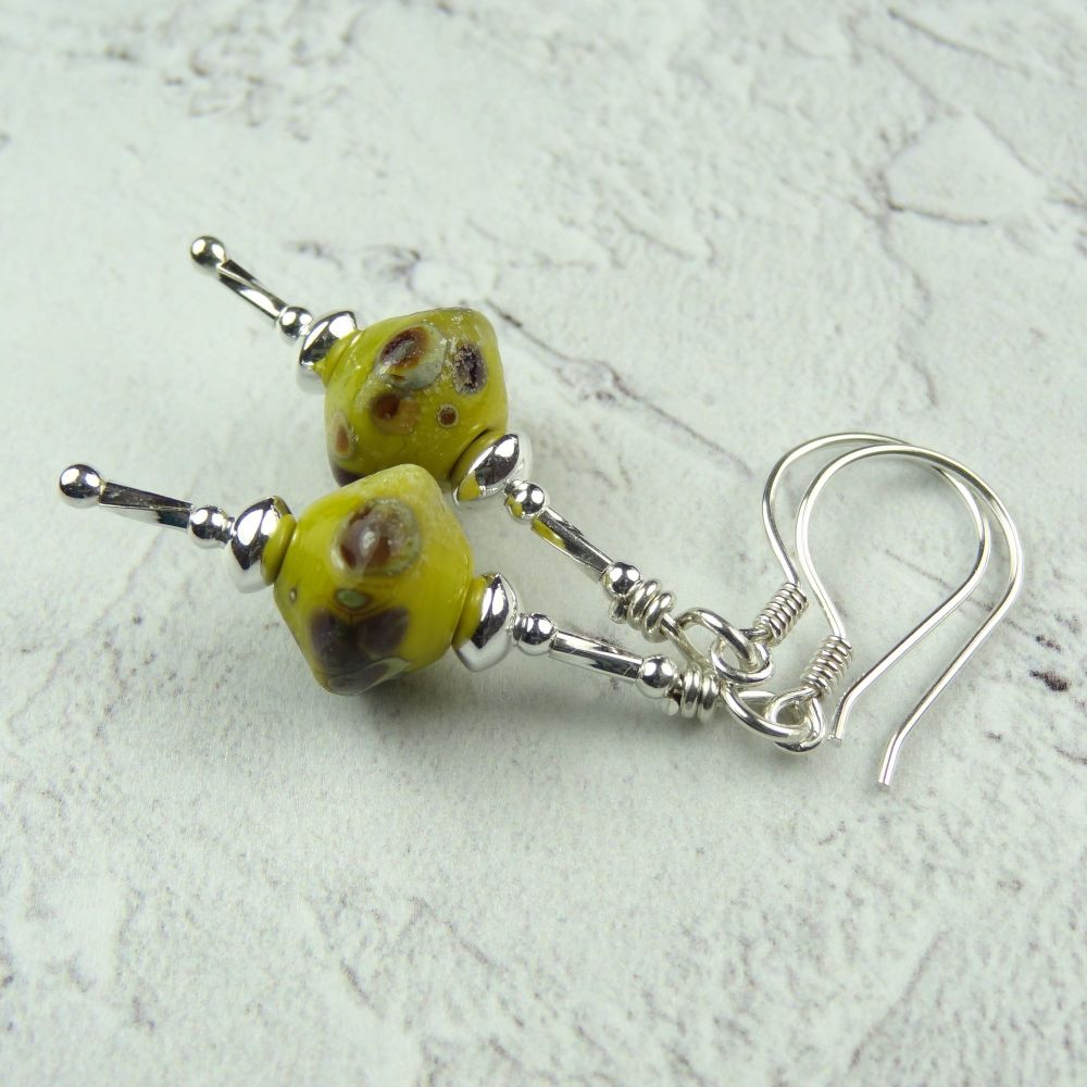 Rustic bicone shaped yellow handcrafted artisan lampwork glass & sterling silver drop earrings ~ length 50mm (JW#3)