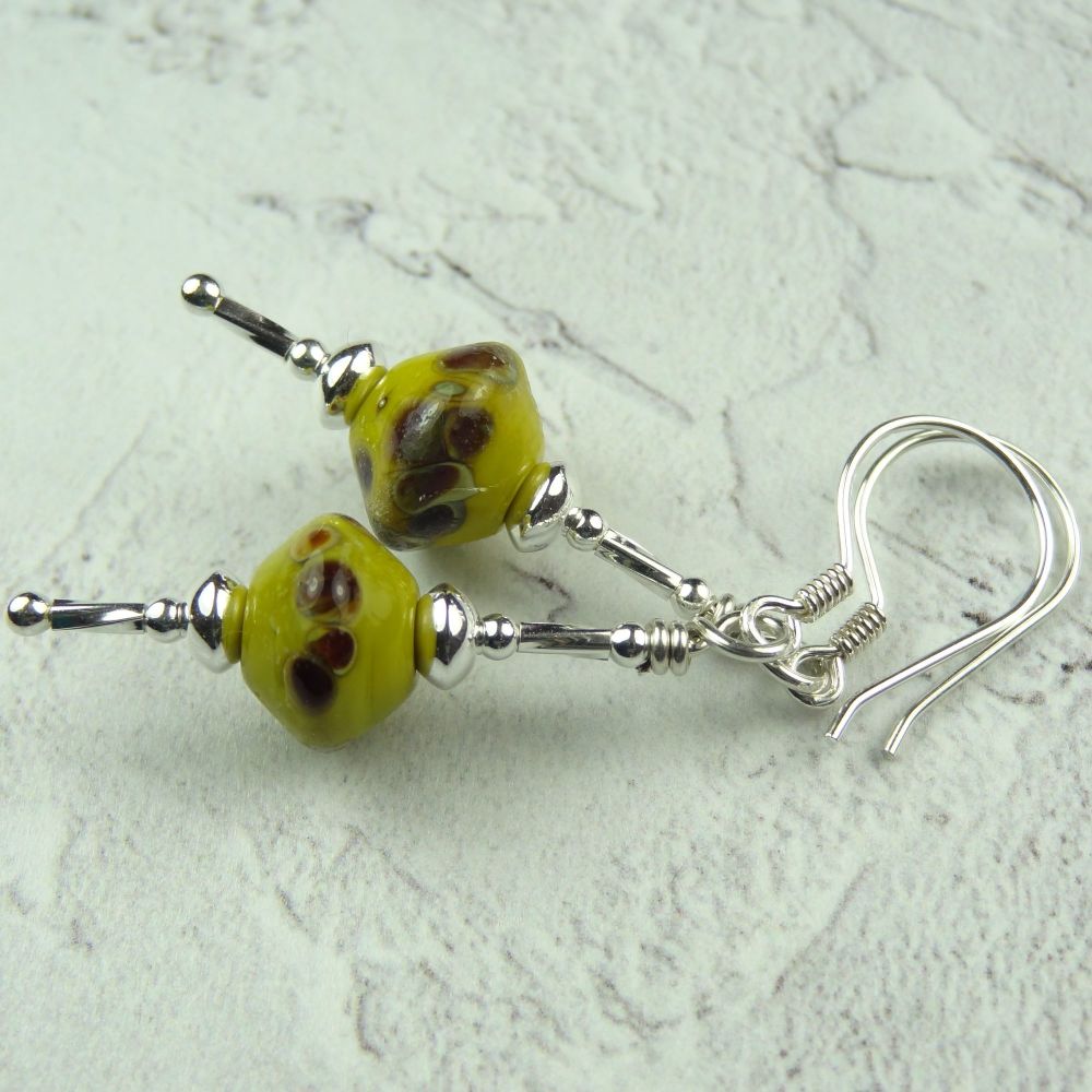 Rustic bicone shaped yellow handcrafted artisan lampwork glass & sterling silver drop earrings ~ length 50mm (JW#3)