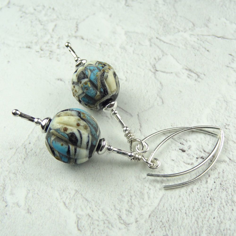 Rustic turquoise, ivory & black handcrafted artisan lampwork glass & sterling silver drop earrings ~ length 60mm (JW#9)