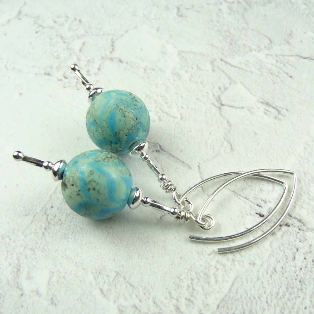 Blue handcrafted artisan lampwork glass & sterling silver drop earrings ~ length 61mm (JW#10)