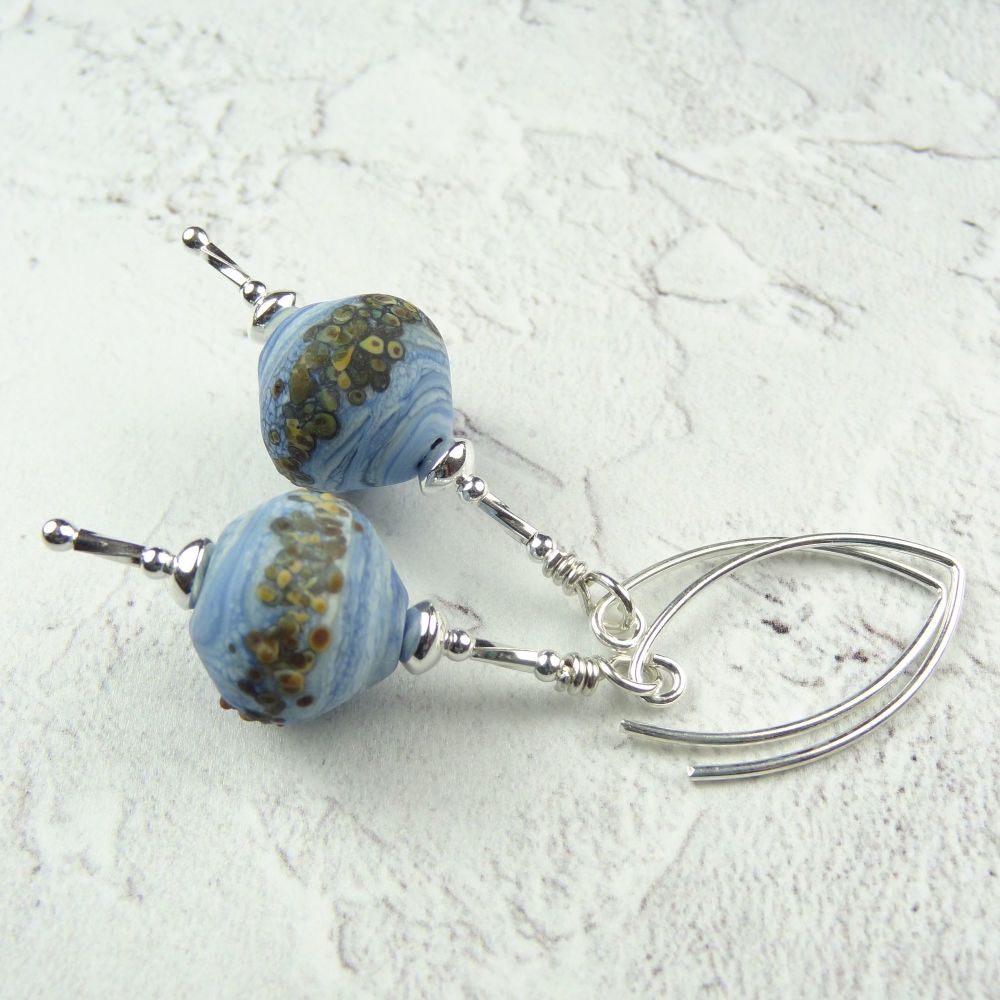 Pale blue & white handcrafted artisan lampwork glass & sterling silver drop earrings ~ length 59mm (ADR#2)