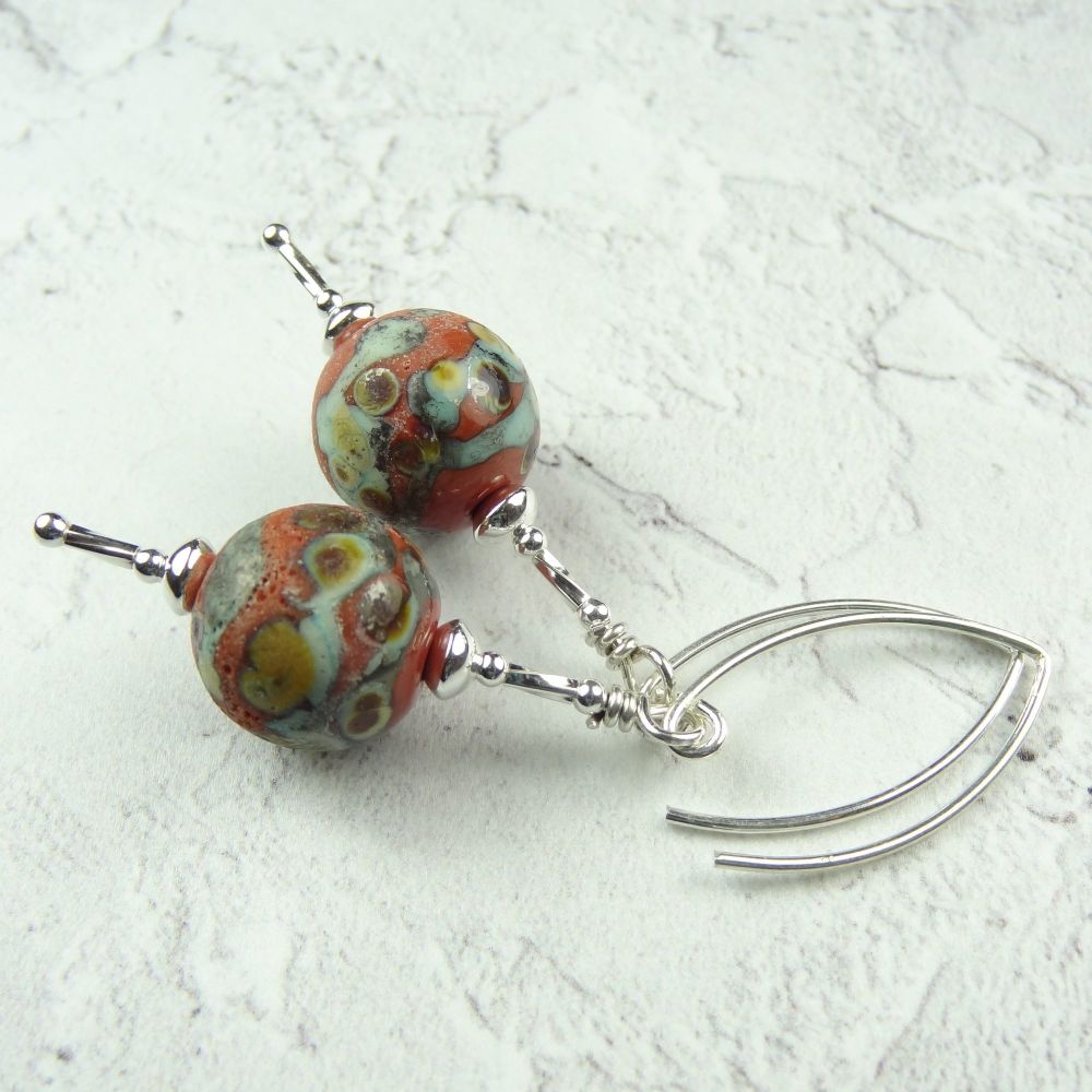 Rustic coral & green handcrafted artisan glass sterling silver earrings