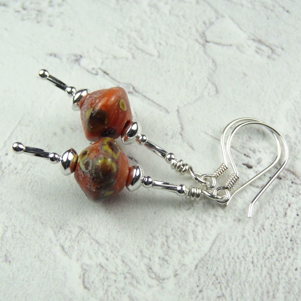 Rustic bicone red handcrafted artisan lampwork glass sterling silver earrin