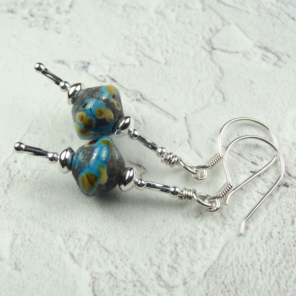 Rustic bicone shaped turquoise blue handcrafted artisan lampwork glass & sterling silver drop earrings ~ length 50mm (JW#1)