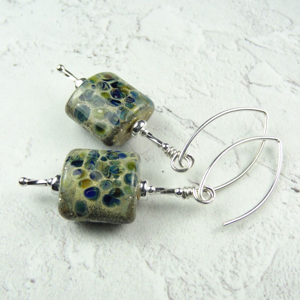 Blue green & beige with silver flecks, slab-shaped handcrafted artisan lampwork glass & sterling silver drop earrings ~ length 59mm (JJ#2)