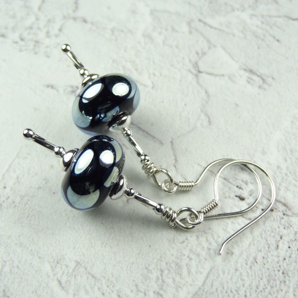 Black & silver dotted handcrafted artisan glass sterling silver earrings