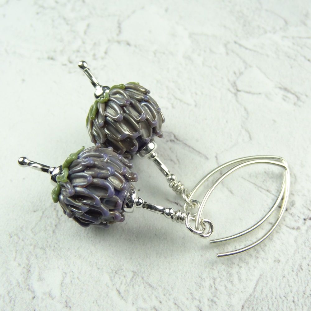 Purple flowers with green leaves handcrafted artisan lampwork glass & sterling silver drop earrings ~ length 56mm (LH#13)