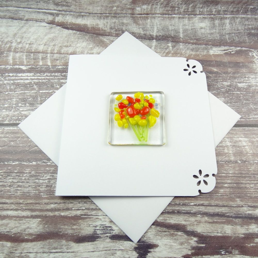 Handmade fused glass art greeting card, any occasion ~ yellow & orange flowers, floral, bouquet ~ 4x4 inch card, 1.5 inch (+/-) glass (#388)