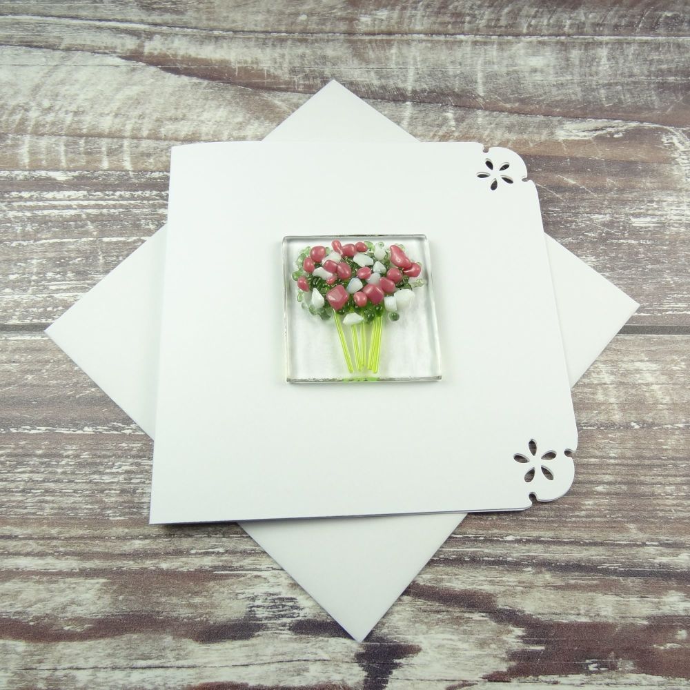 Handmade fused glass art greeting card, any occasion ~ pink & white flowers, floral, bouquet ~ 4x4 inch card, 1.5 inch (+/-) glass (#389)