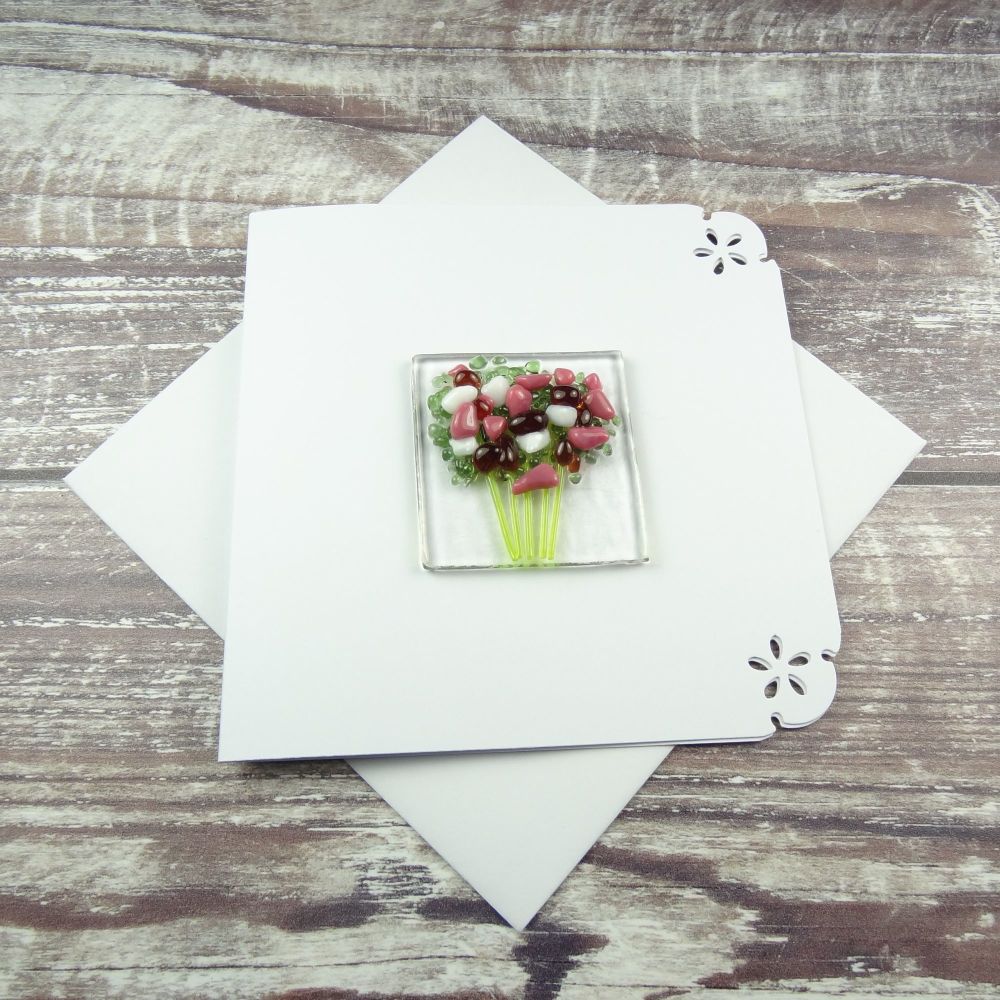 Handmade fused glass art greeting card, any occasion ~ pink red & white flowers, floral, bouquet ~ 4x4 inch card, 1.5 inch (+/-) glass (#390)