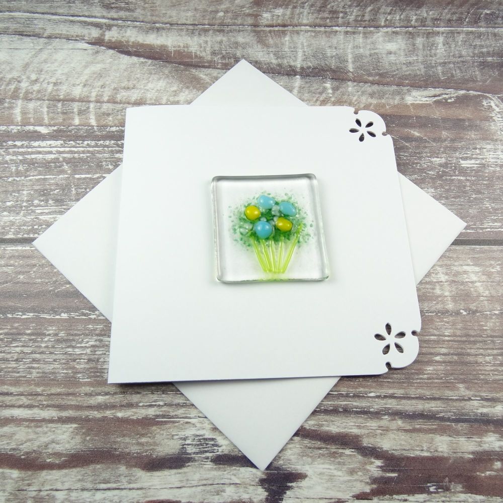 Handmade fused glass art greeting card, any occasion ~ blue & yellow flowers, floral, bouquet ~ 4x4 inch card, 1.5 inch (+/-) glass (#391)