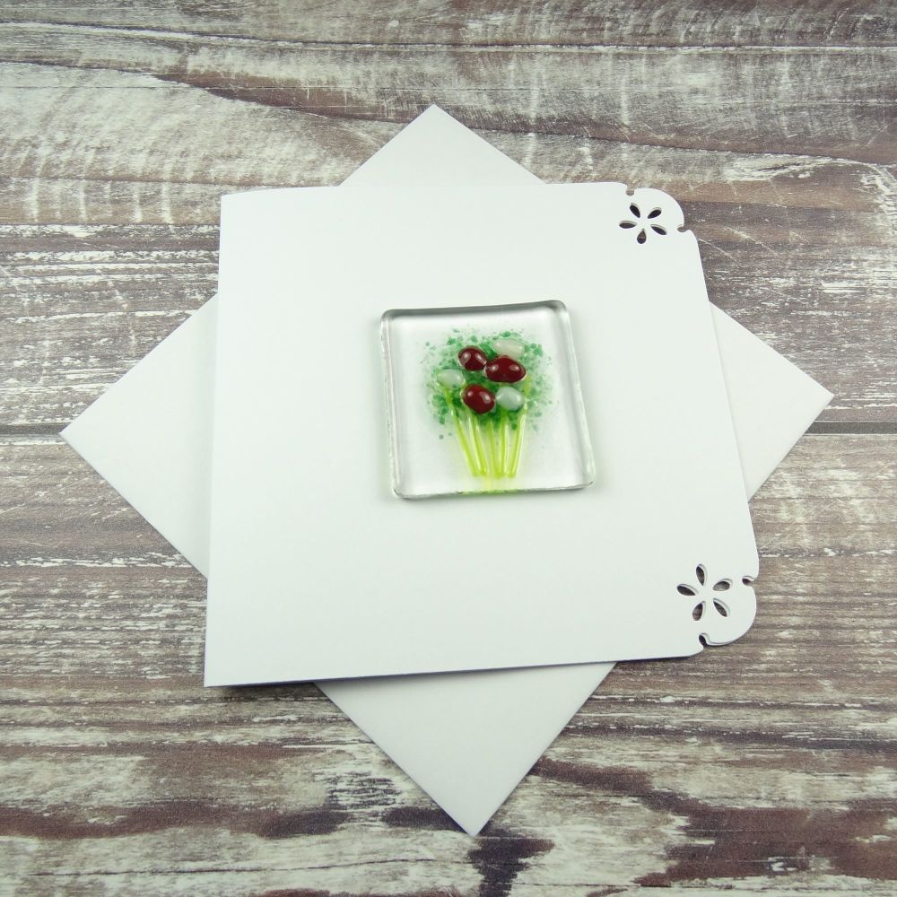 Handmade fused glass art greeting card, any occasion ~ dark red & cream flowers, floral, bouquet ~ 4x4 inch card, 1.5 inch (+/-) glass (#395)