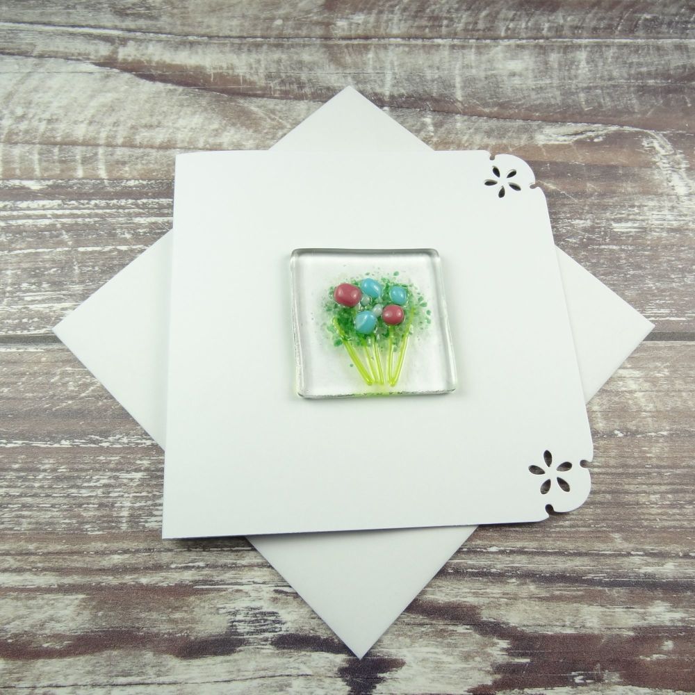 Handmade fused glass art greeting card, any occasion ~ blue & pink flowers, floral, bouquet ~ 4x4 inch card, 1.5 inch (+/-) glass (#396)