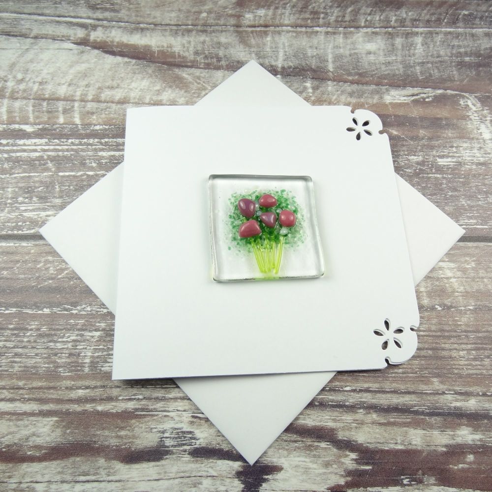 Handmade fused glass art greeting card, any occasion ~ pink flowers, floral, bouquet ~ 4x4 inch card, 1.5 inch (+/-) glass (#397)