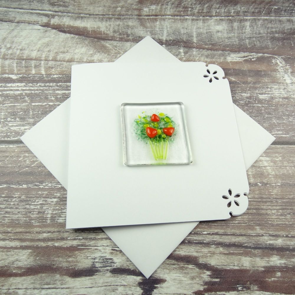 Handmade fused glass art greeting card, any occasion ~ orange & yellow flowers, floral, bouquet ~ 4x4 inch card, 1.5 inch (+/-) glass (#398)