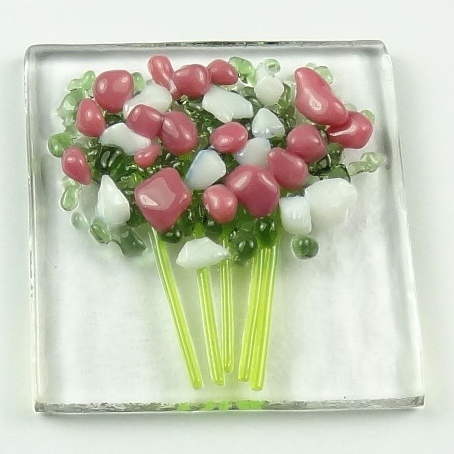 Handmade fused glass art greeting card, any occasion ~ pink & white flowers, floral, bouquet ~ 4x4 inch card, 1.5 inch (+/-) glass (#389)