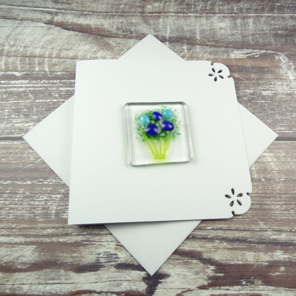 Handmade fused glass art greeting card, any occasion ~ blue flowers, floral, bouquet ~ 4x4 inch card, 1.5 inch (+/-) glass (#400)