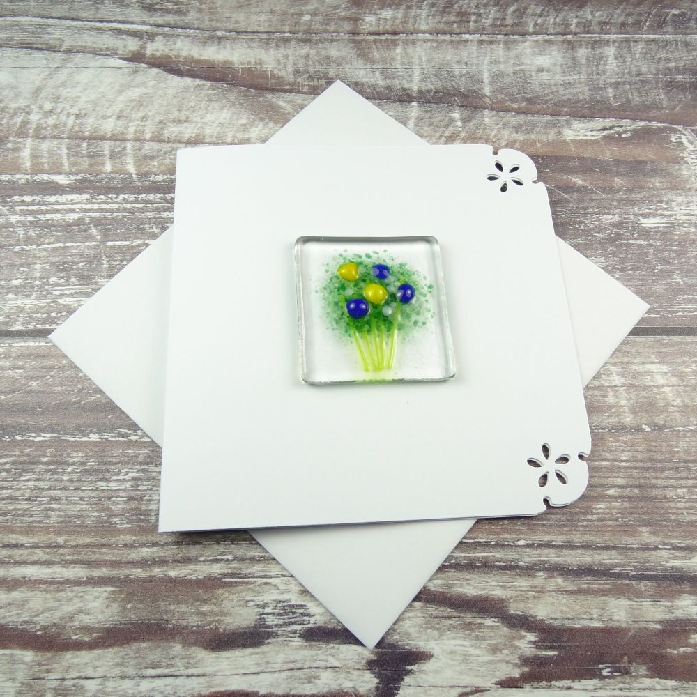 Handmade fused glass art greeting card, any occasion ~ blue & yellow flowers, floral, bouquet ~ 4x4 inch card, 1.5 inch (+/-) glass (#393)