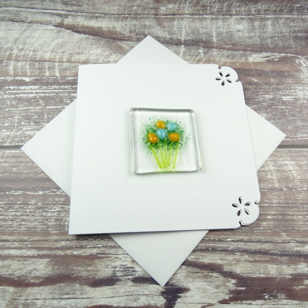 Handmade fused glass art greeting card, any occasion ~ orange & blue flowers, floral, bouquet ~ 4x4 inch card, 1.5 inch (+/-) glass (#394)